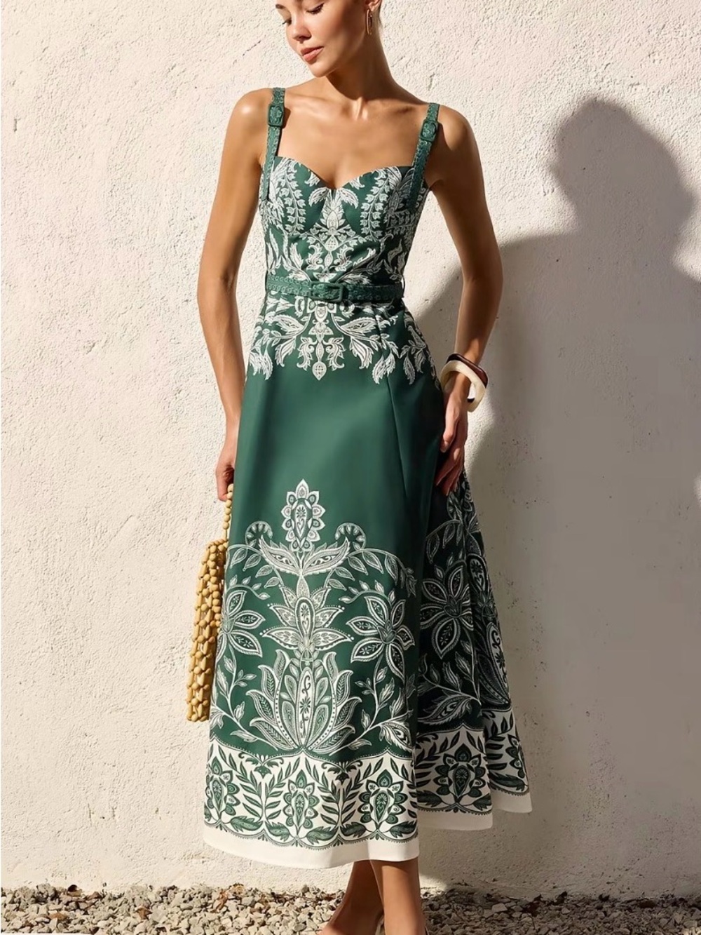 Commense Emerald Green & White Printed Midi Dress